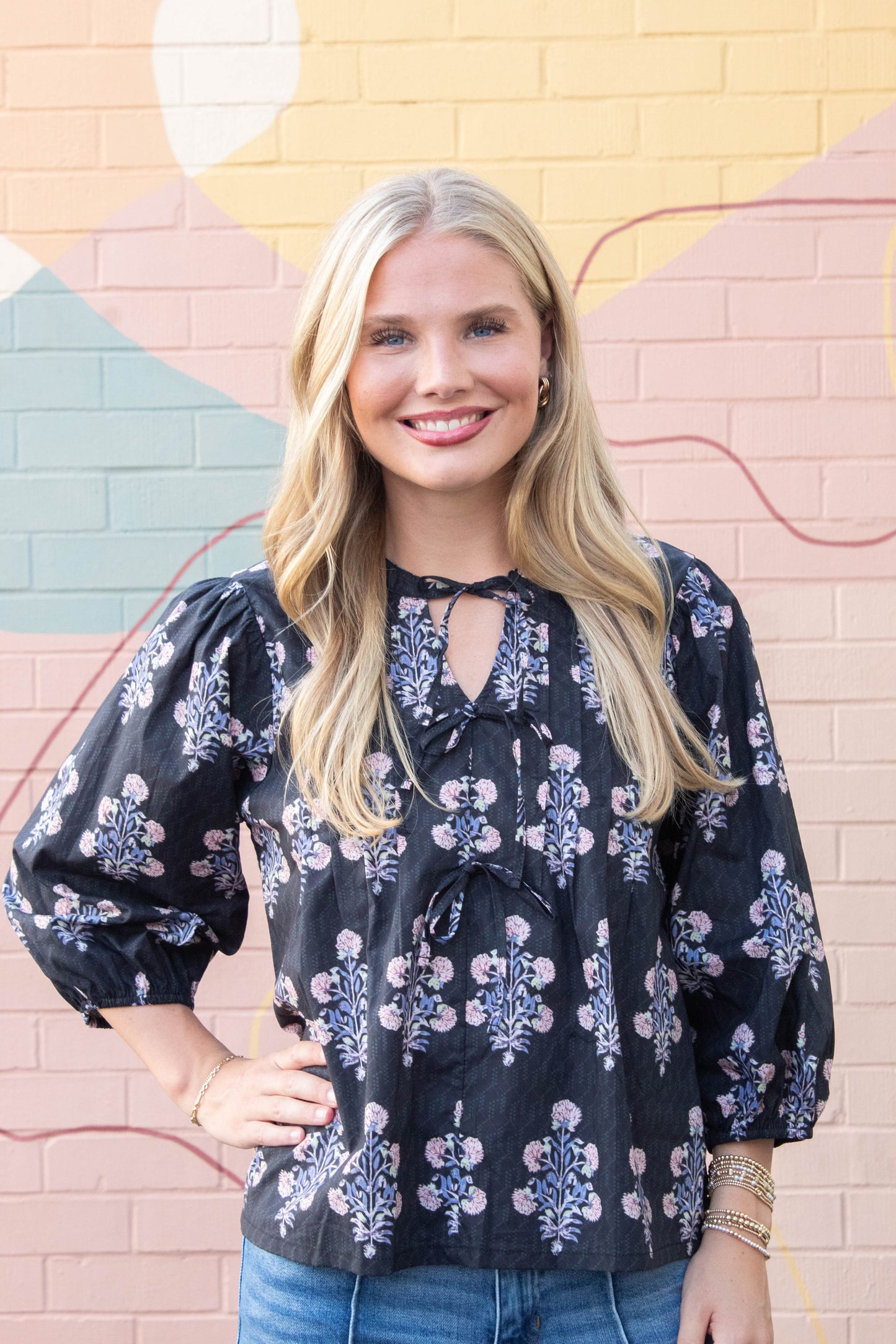  Reese Tie Neck Blouse, Black Mix