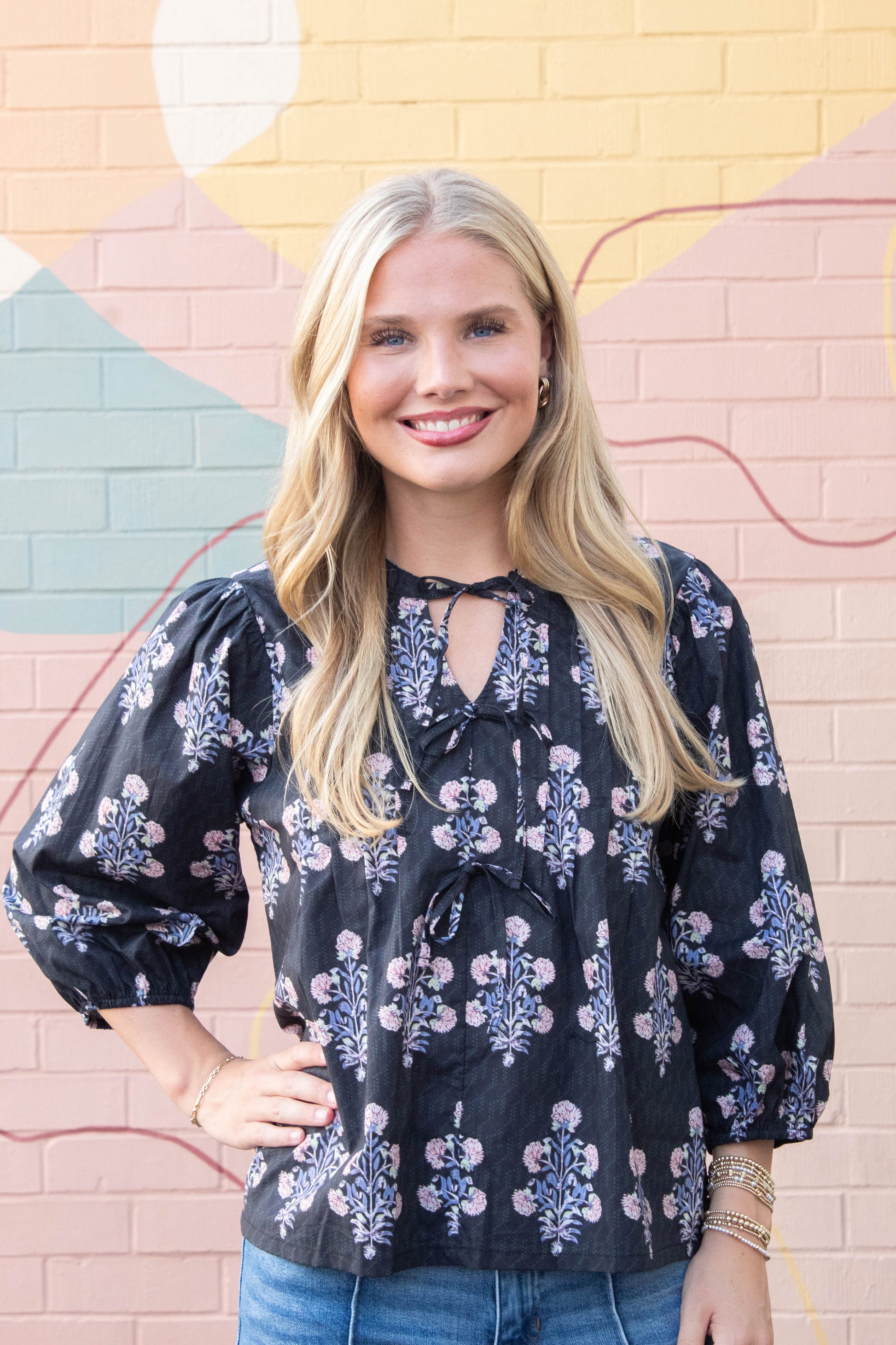  Reese Tie Neck Blouse, Black Mix