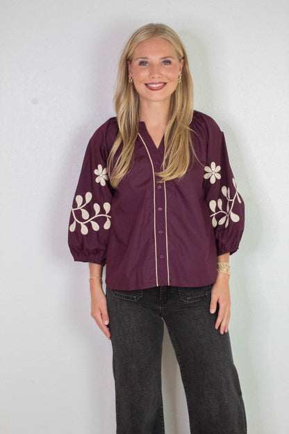  Amira Embroidered Sleeve Buttoned Blouse, Merlot