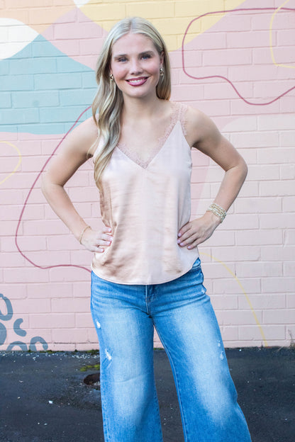  Averie Lace Trim Satin Cami, Almond