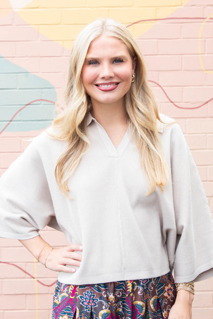  Jessica Collared Solid Knit Top, Stone