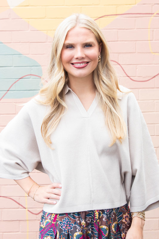  Jessica Collared Solid Knit Top, Stone