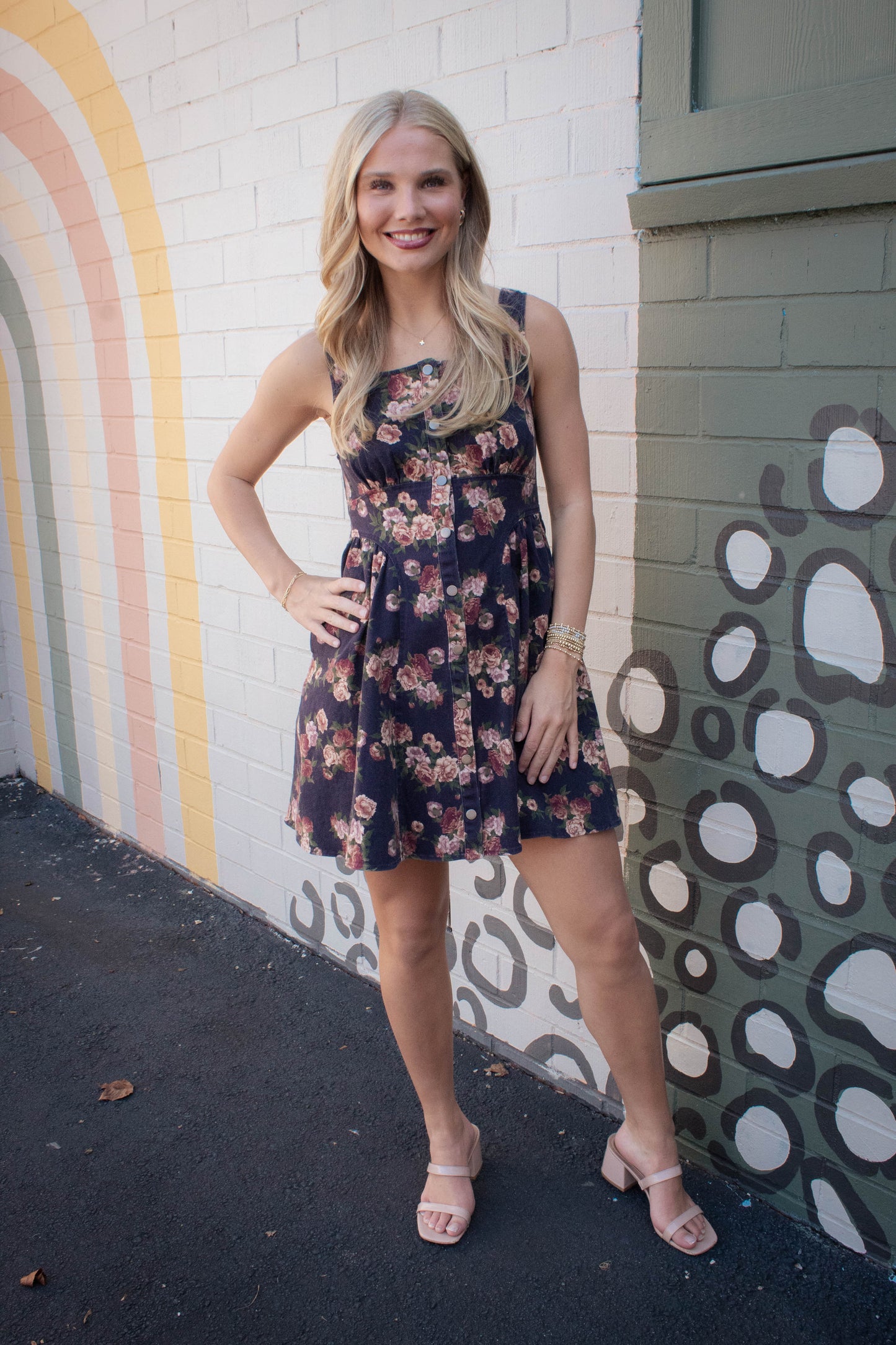 Opal Stone Washed Floral Denim Dress, Navy