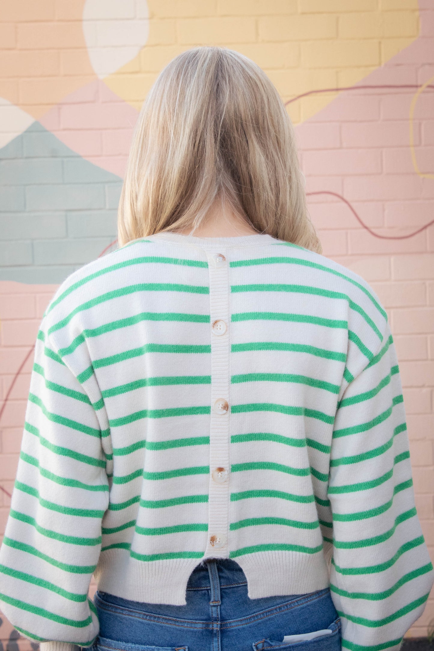  Emily Striped Button Back Sweater, Green