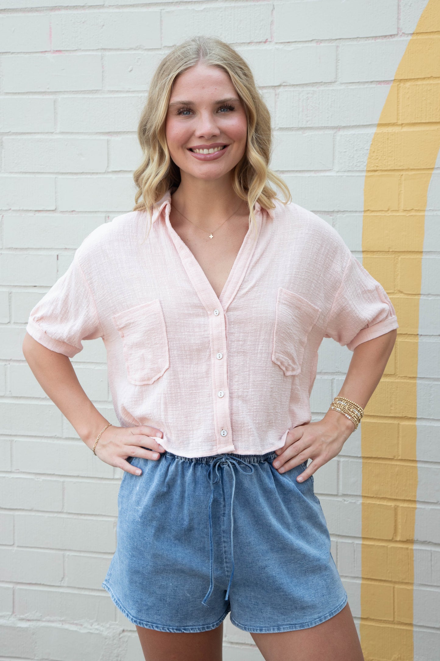  Janelle Cotton Gauze Crop Shirt, Light Pink