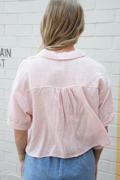  Janelle Cotton Gauze Crop Shirt, Light Pink