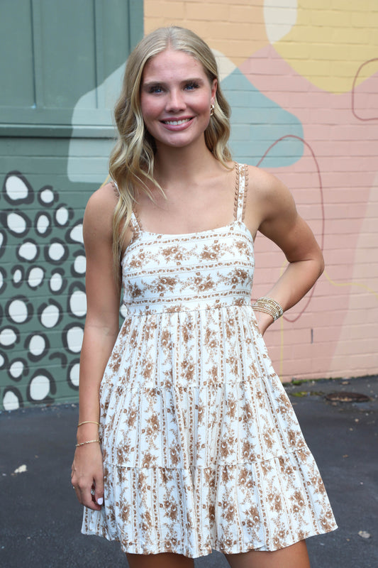  Ashley Striped Floral Mini Dress, Brown Multi
