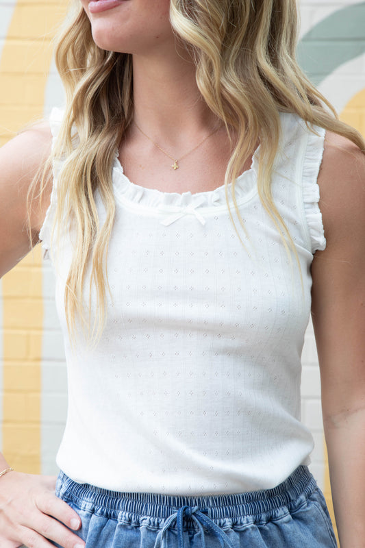  Jazmin Ruffle Trim Scoop Neck Tank, White