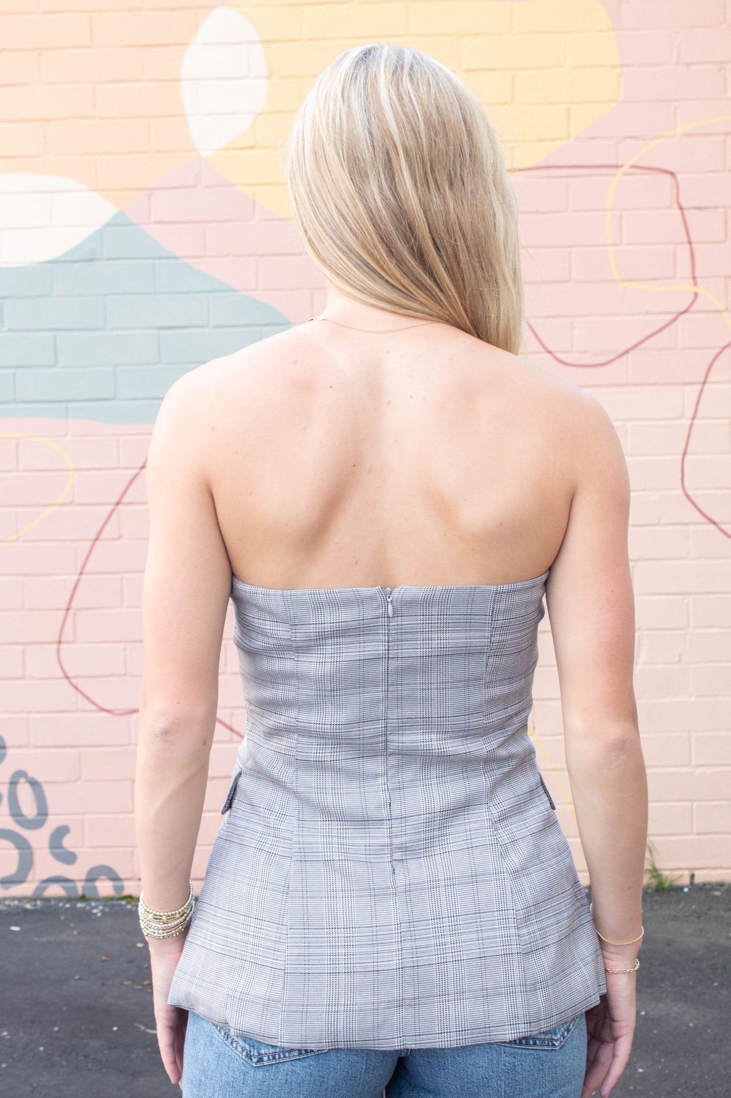  Juniper Plaid Strapless Button Detail Top, Light Taupe Multi