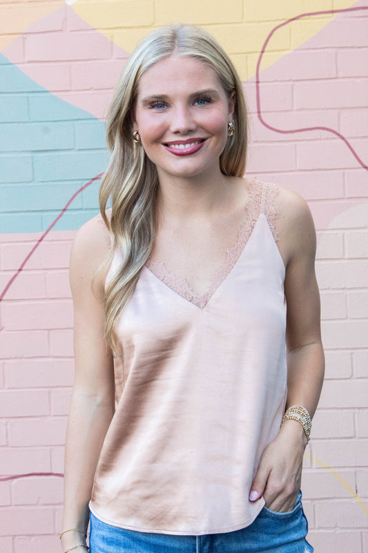  Averie Lace Trim Satin Cami, Almond