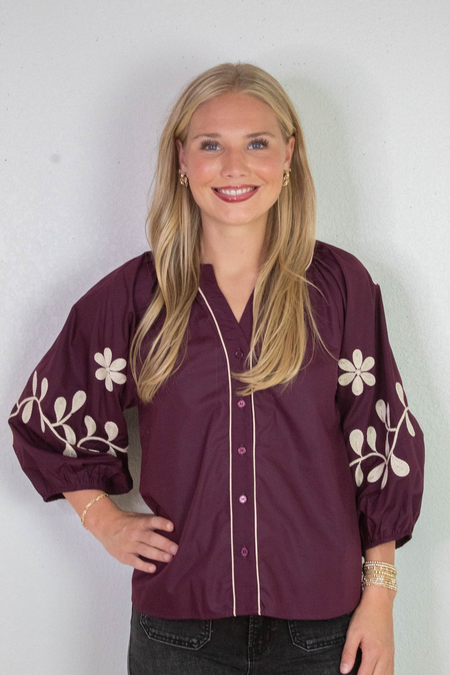  Amira Embroidered Sleeve Buttoned Blouse, Merlot