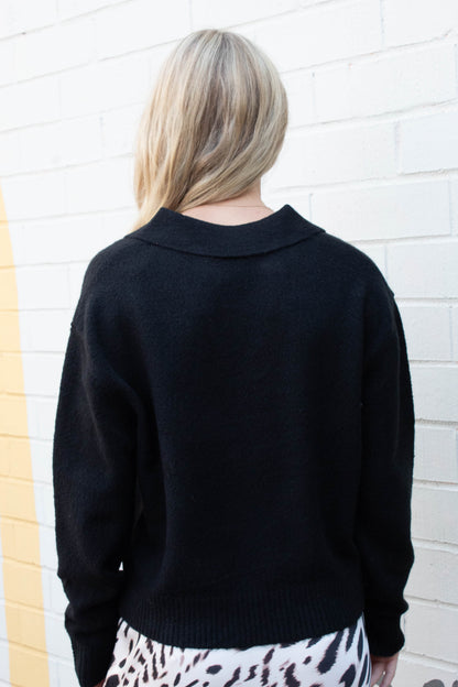  Luna Collared V-Neck Sweater, Black