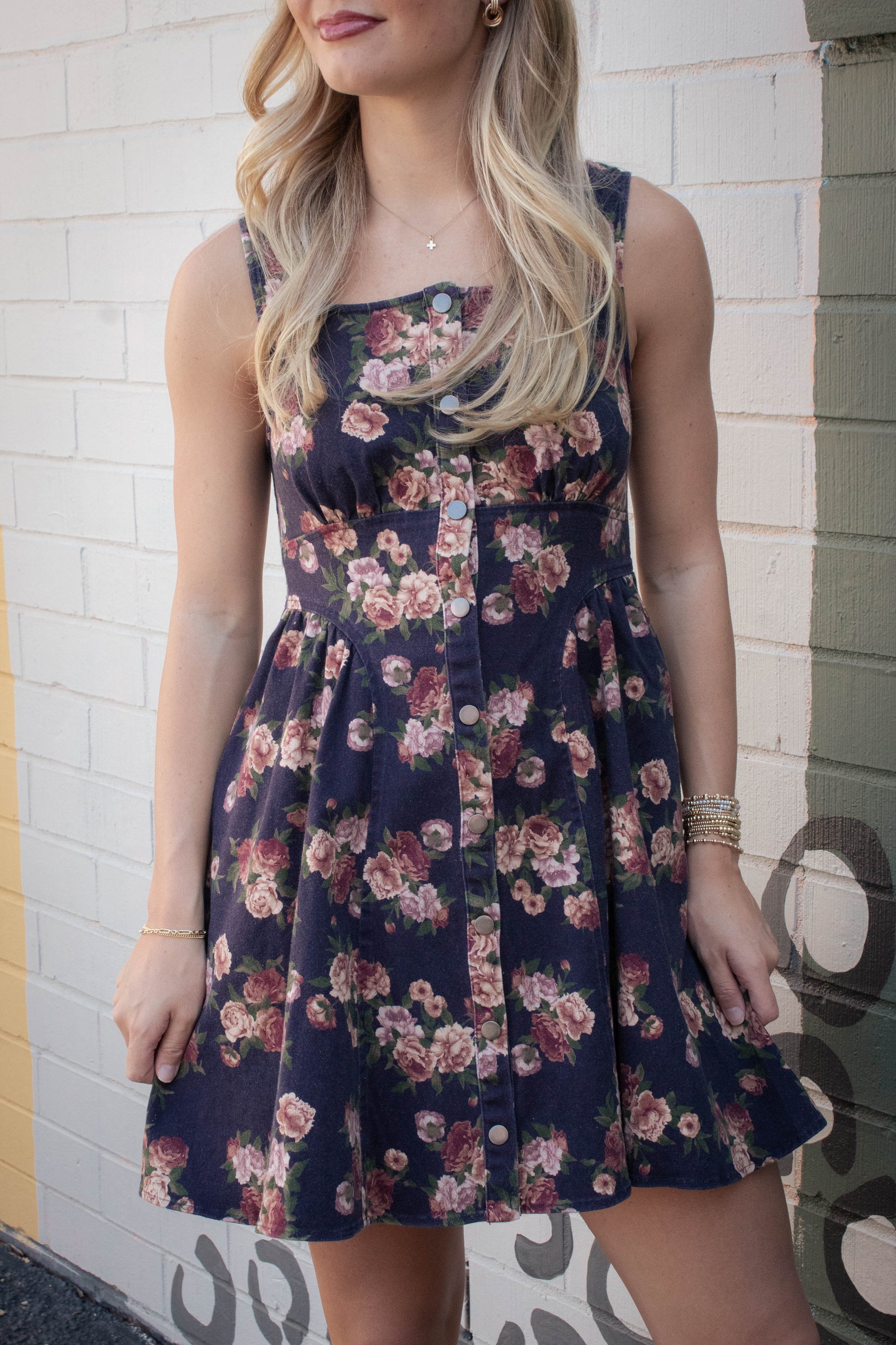  Opal Stone Washed Floral Denim Dress, Navy