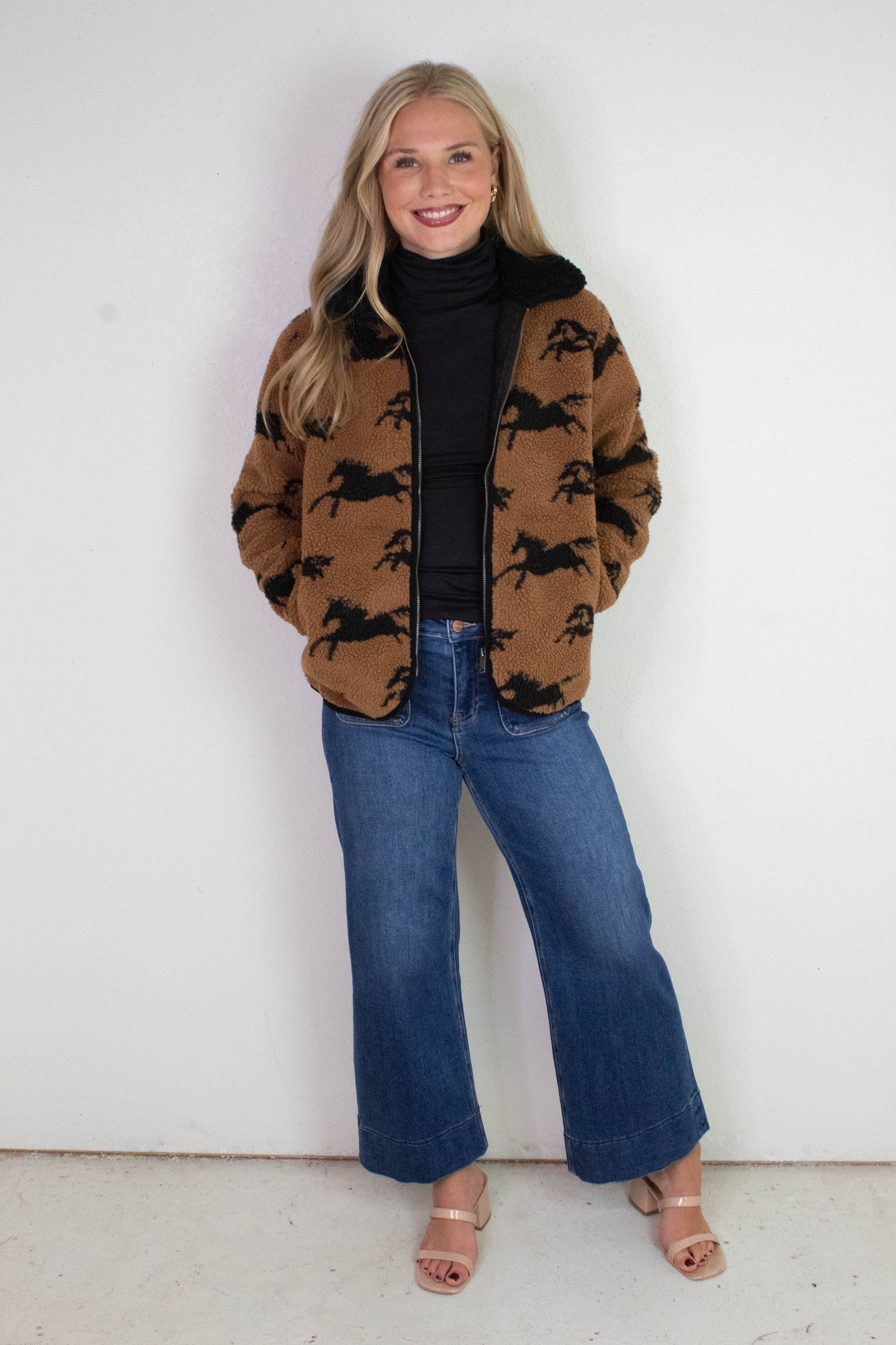  Joline Sherpa Zip Front Jacket, Horse Black | RD Style