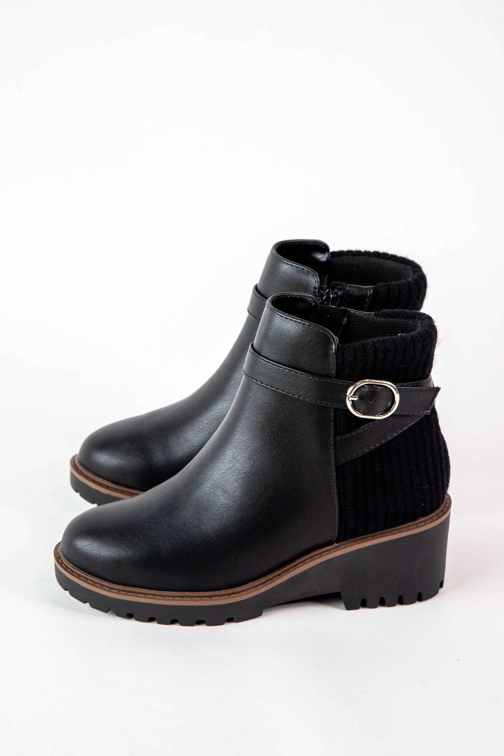  Aeson Knit Back Wedge Bootie, Black PU