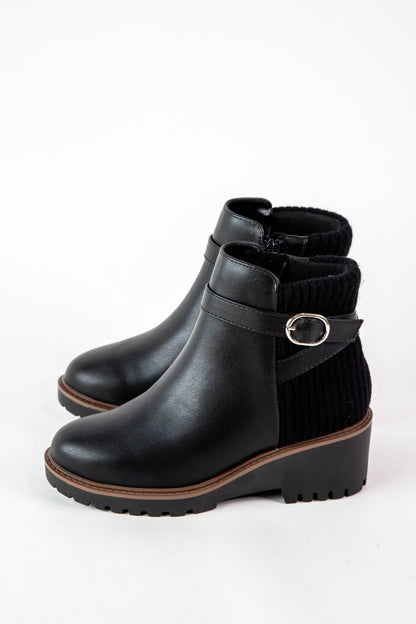  Aeson Knit Back Wedge Bootie, Black PU