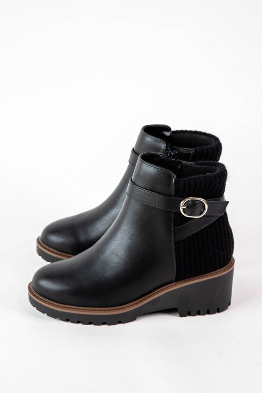  Aeson Knit Back Wedge Bootie, Black PU