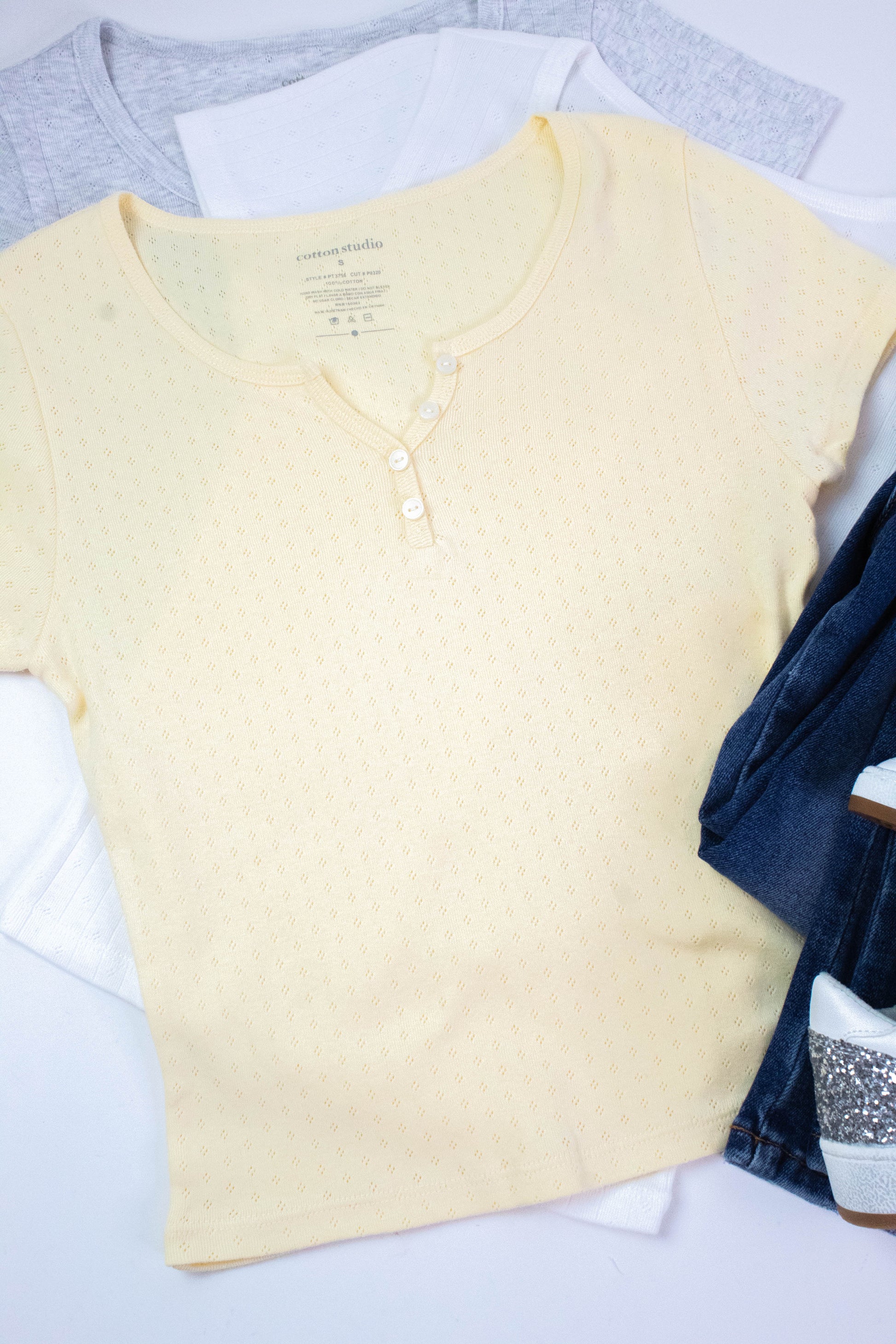  Julia Pointelle Knit Henley Top, Butter