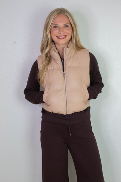  Sofia Cropped Puff Vest, Dark Taupe