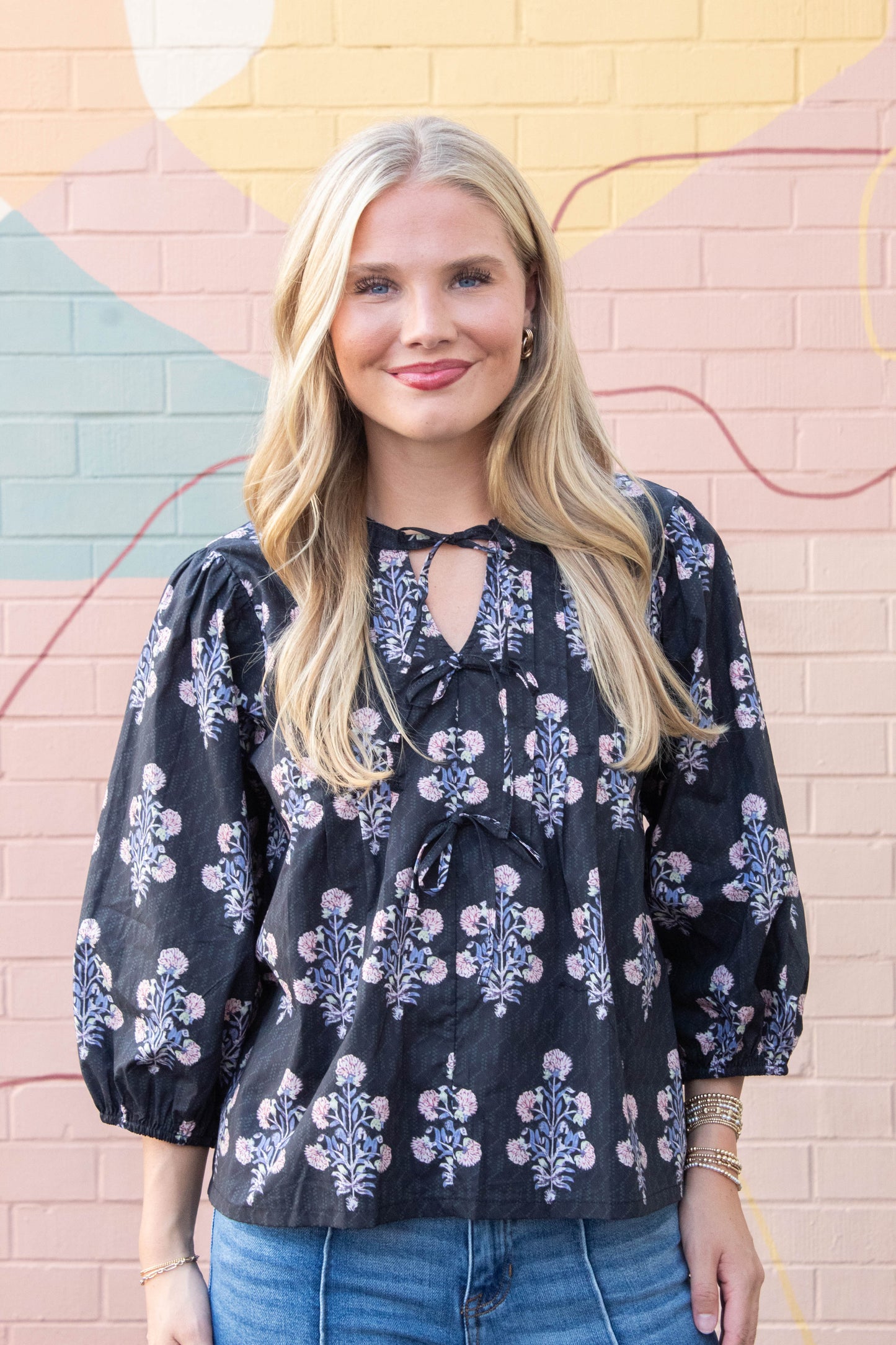  Reese Tie Neck Blouse, Black Mix