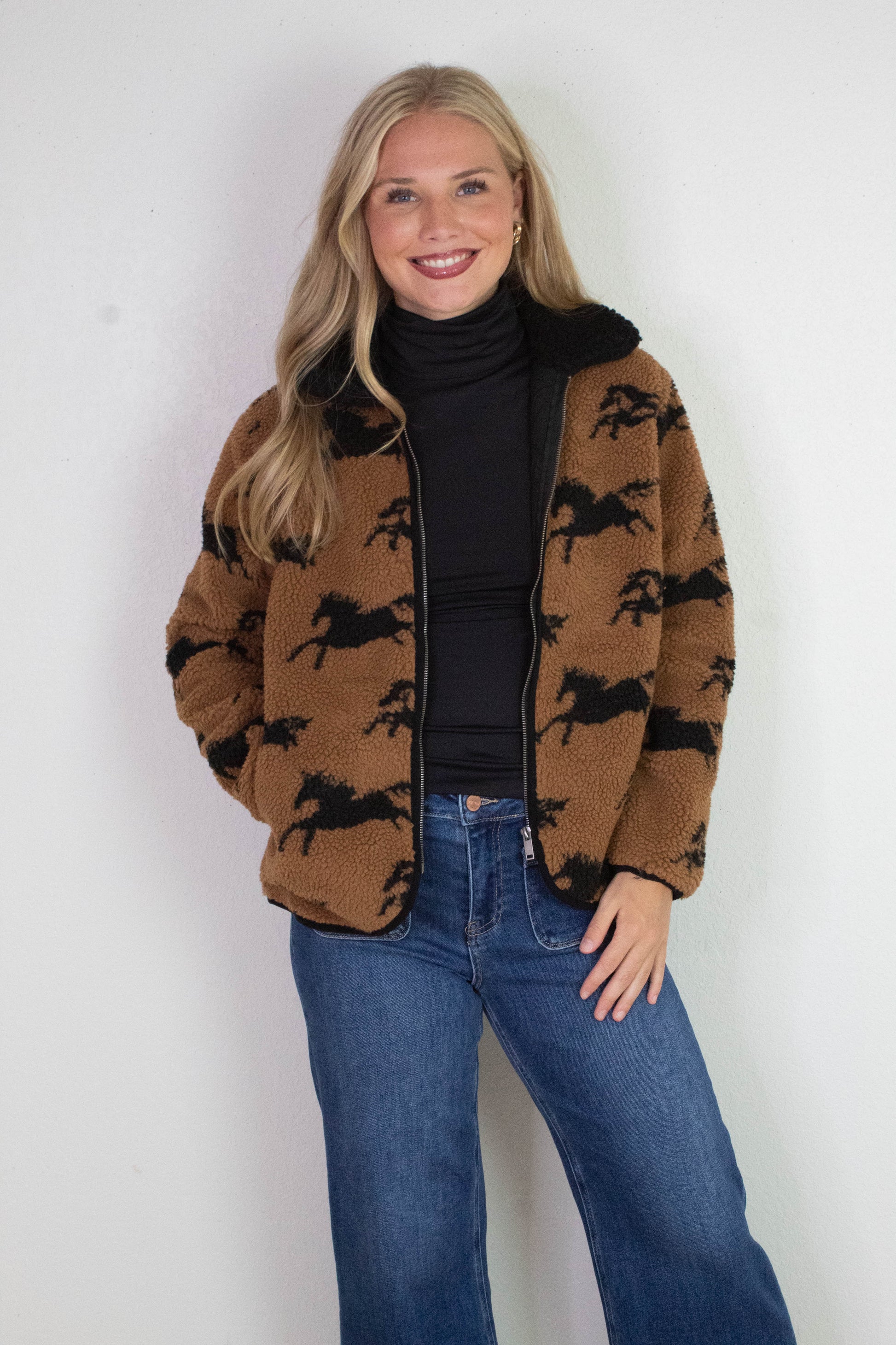  Joline Sherpa Zip Front Jacket, Horse Black | RD Style