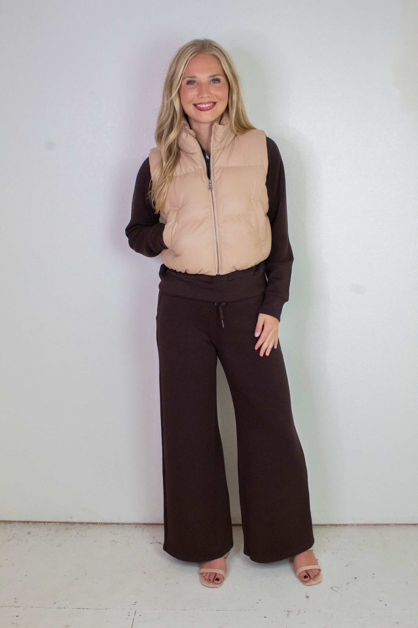  Sofia Cropped Puff Vest, Dark Taupe