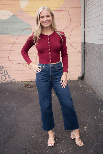  Josie Rib Knit Cropped Cardigan, Red Wood