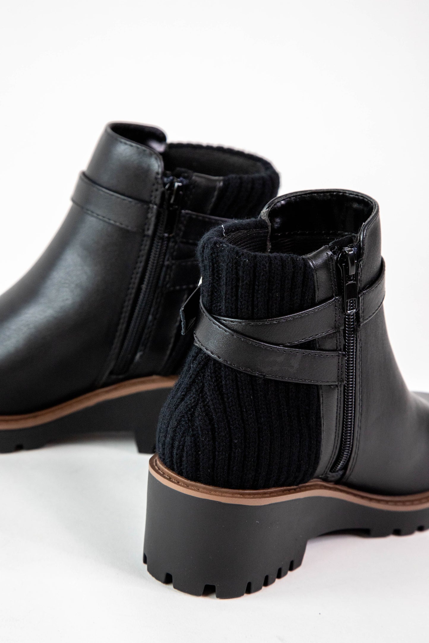 Aeson Knit Back Wedge Bootie, Black PU