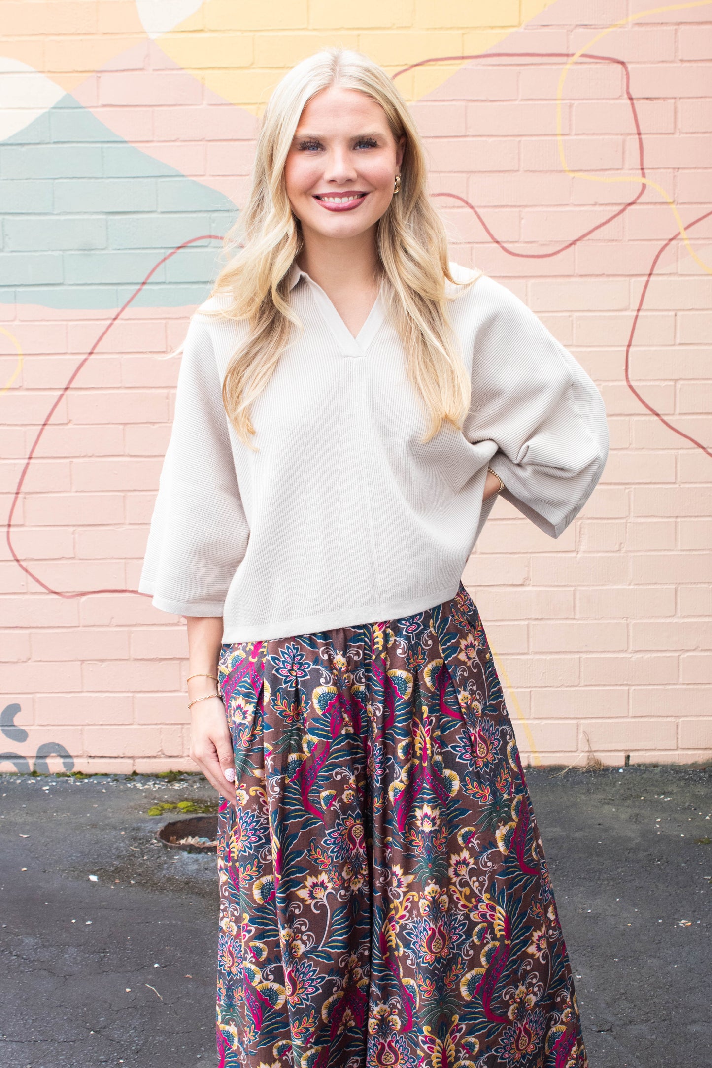 Jessica Collared Solid Knit Top, Stone