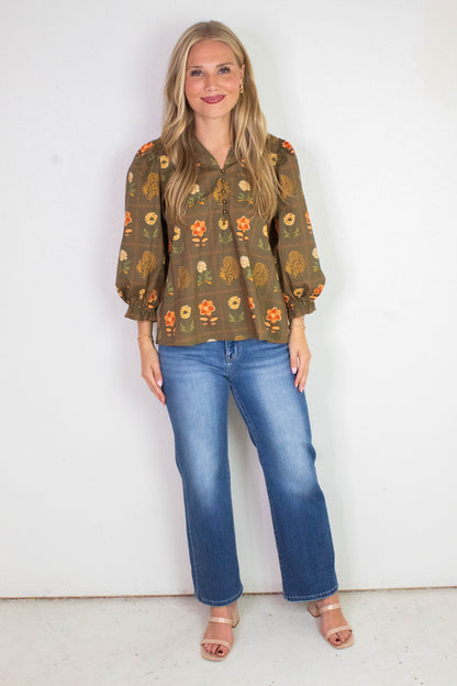  Emilia Floral Print Ruffle Detailed Top, Olive