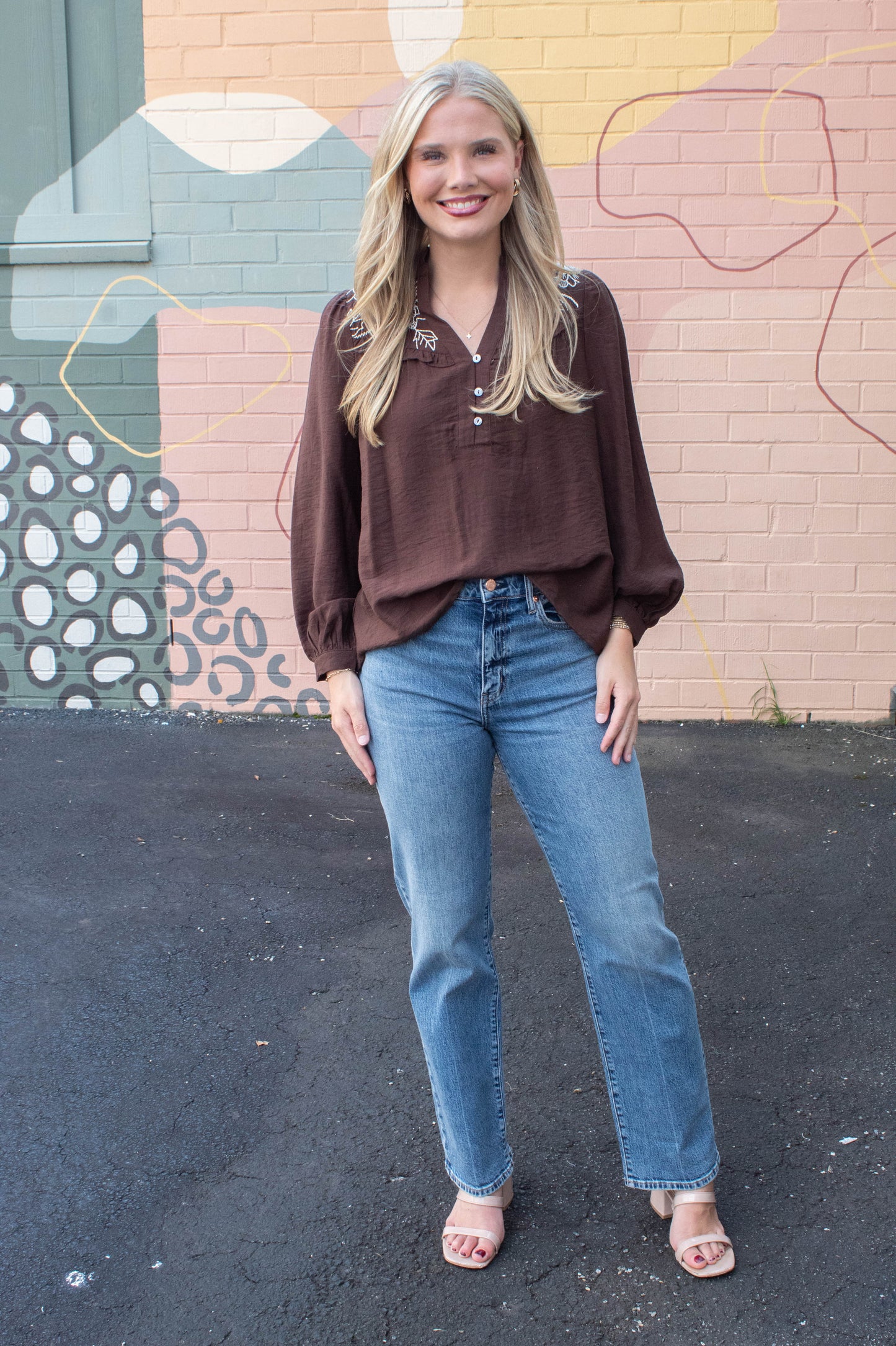  Mary Floral Embroidered Ruffle Neck Top, Brown