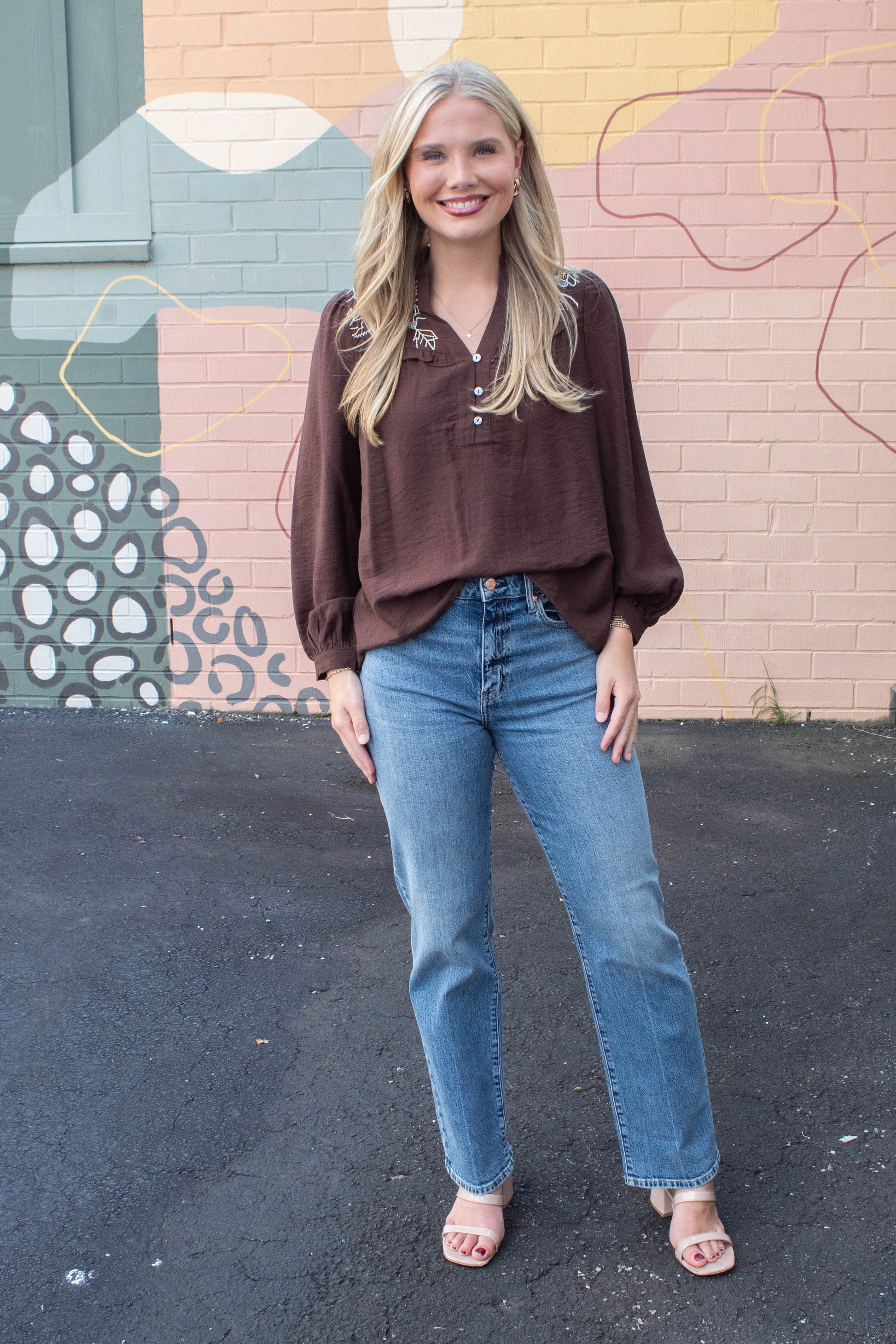  Mary Floral Embroidered Ruffle Neck Top, Brown