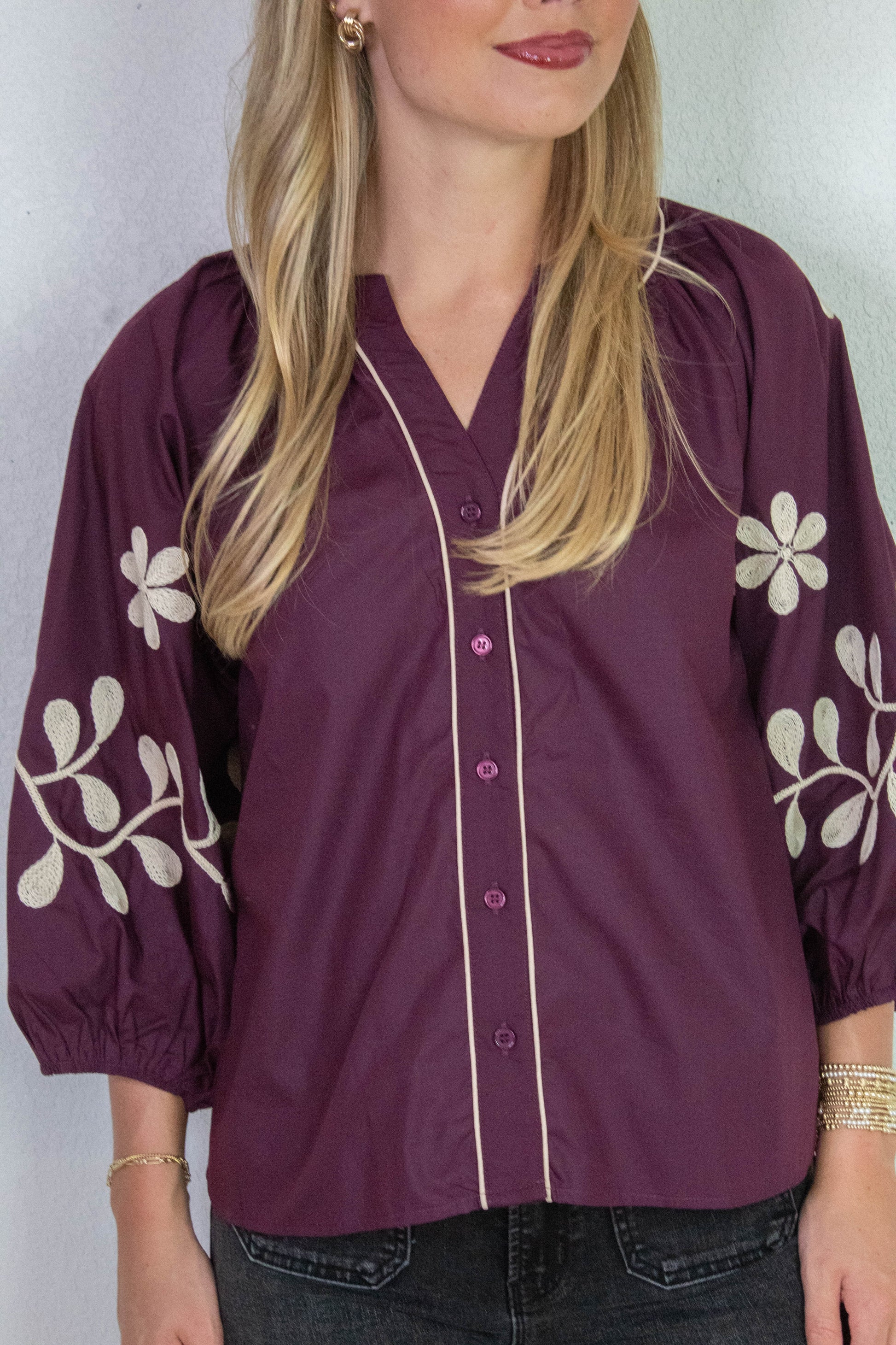  Amira Embroidered Sleeve Buttoned Blouse, Merlot