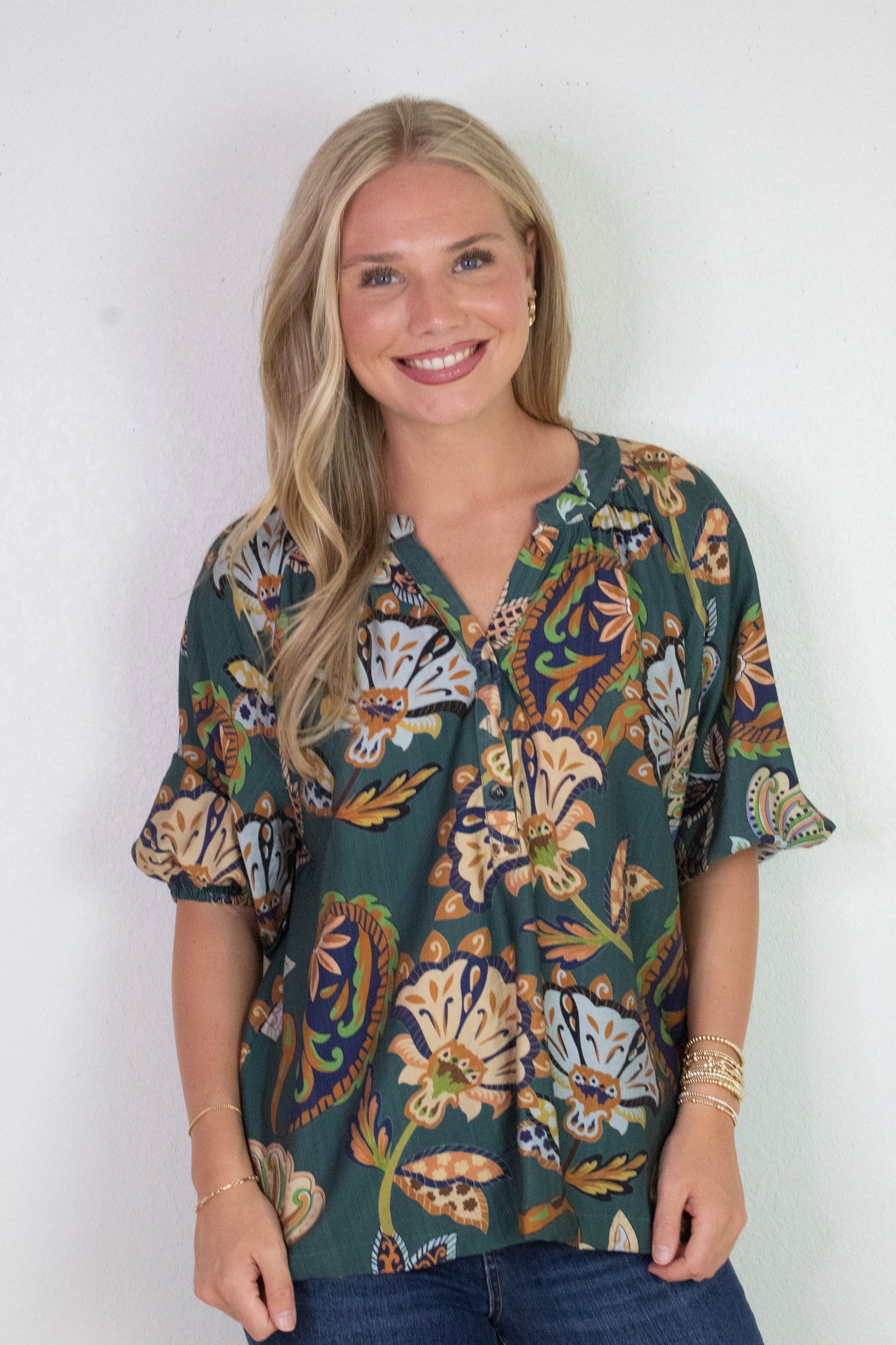  Cecilia Printed Half Sleeve Blouse, Teal