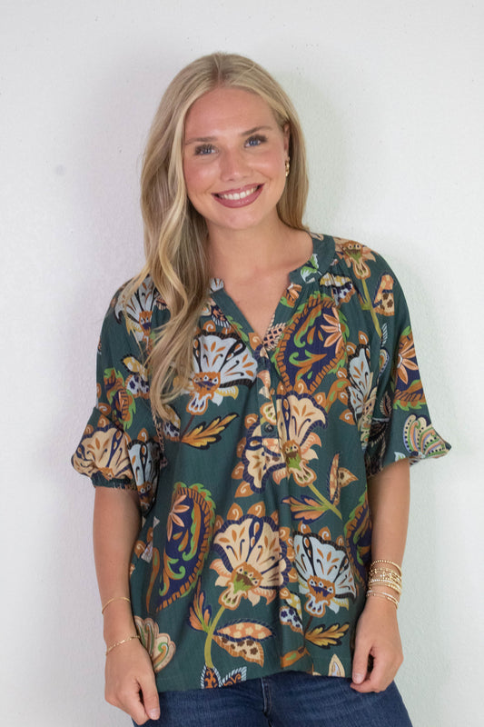  Cecilia Printed Half Sleeve Blouse, Teal