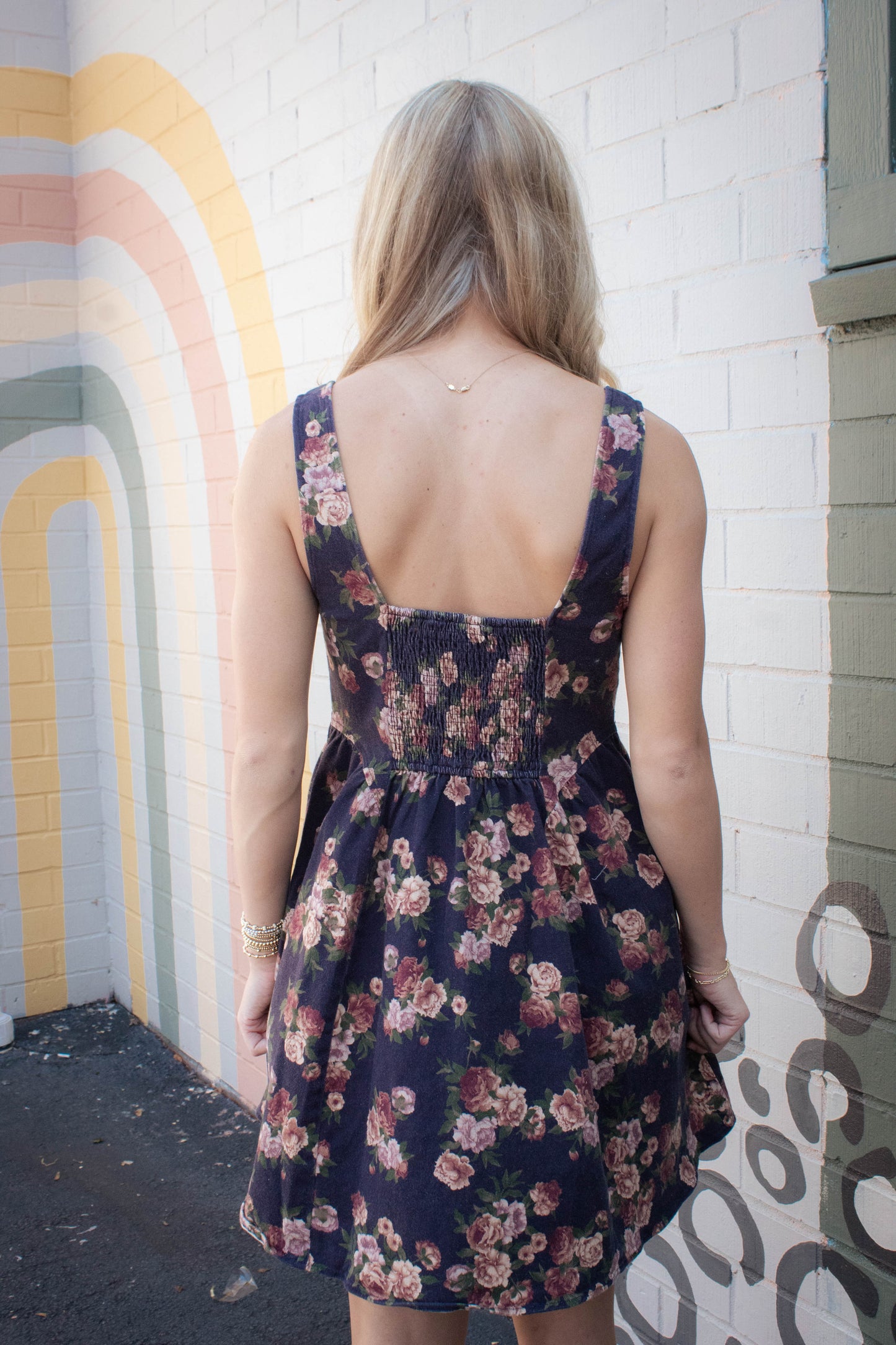  Opal Stone Washed Floral Denim Dress, Navy
