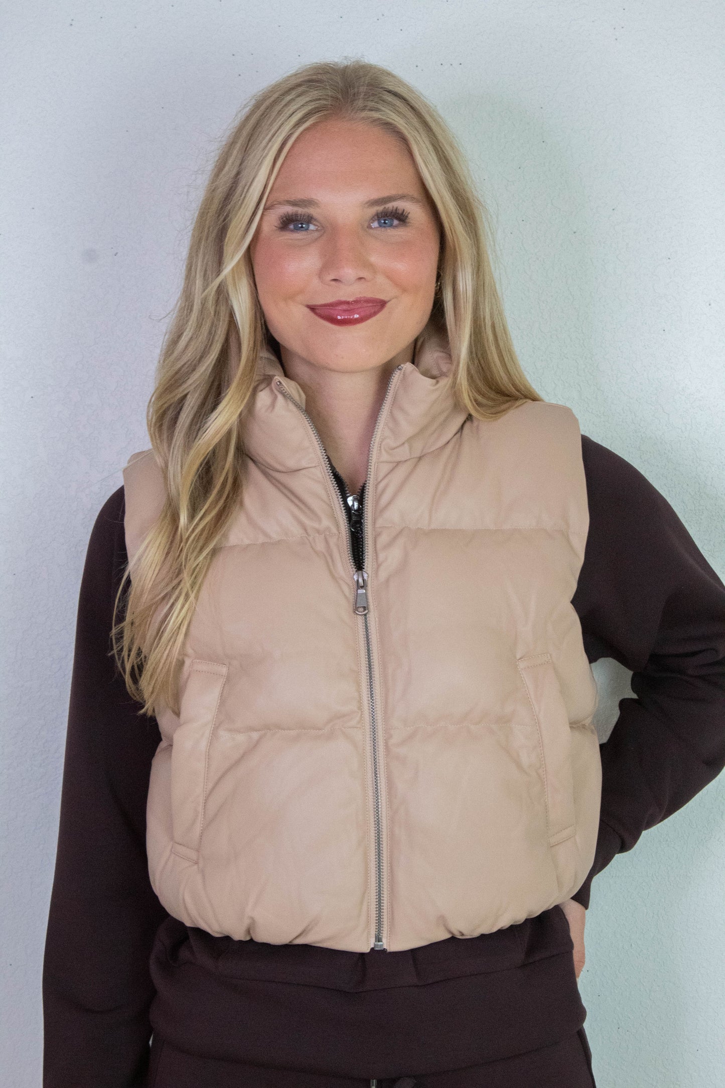  Sofia Cropped Puff Vest, Dark Taupe