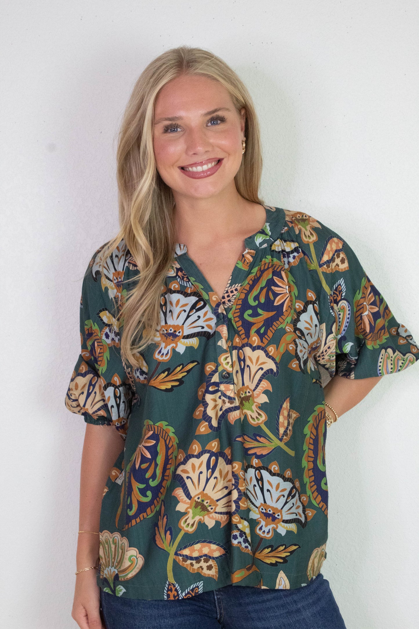  Cecilia Printed Half Sleeve Blouse, Teal