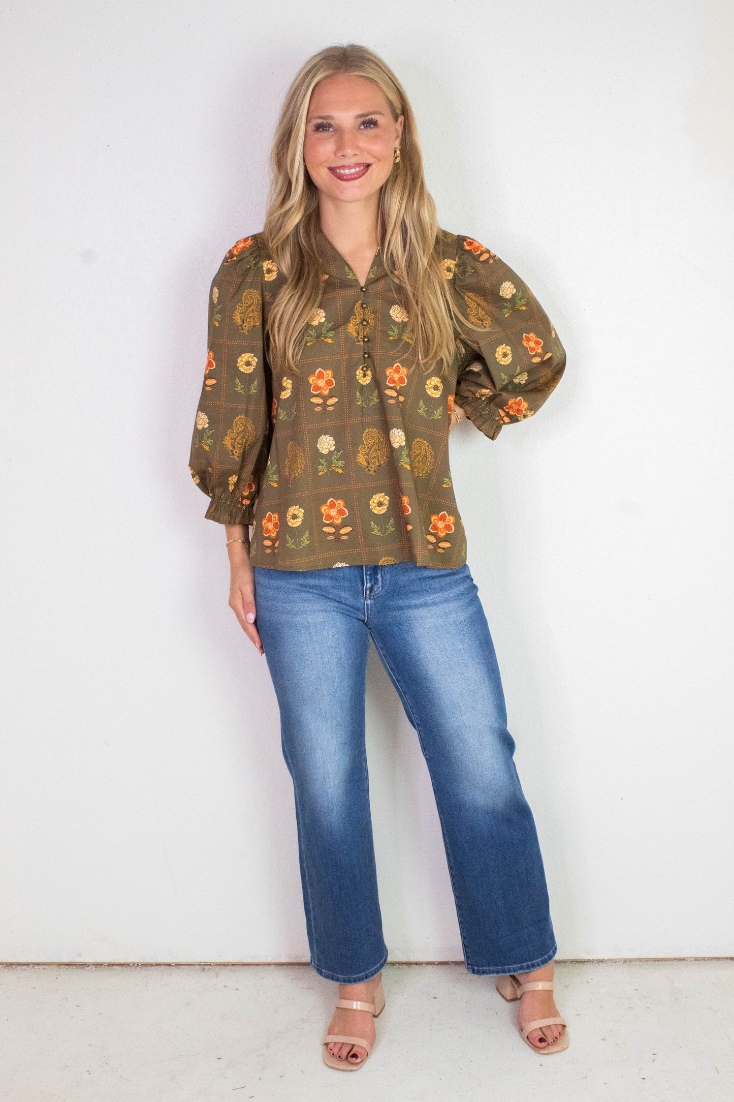  Emilia Floral Print Ruffle Detailed Top, Olive