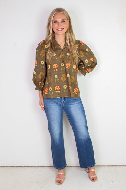  Emilia Floral Print Ruffle Detailed Top, Olive