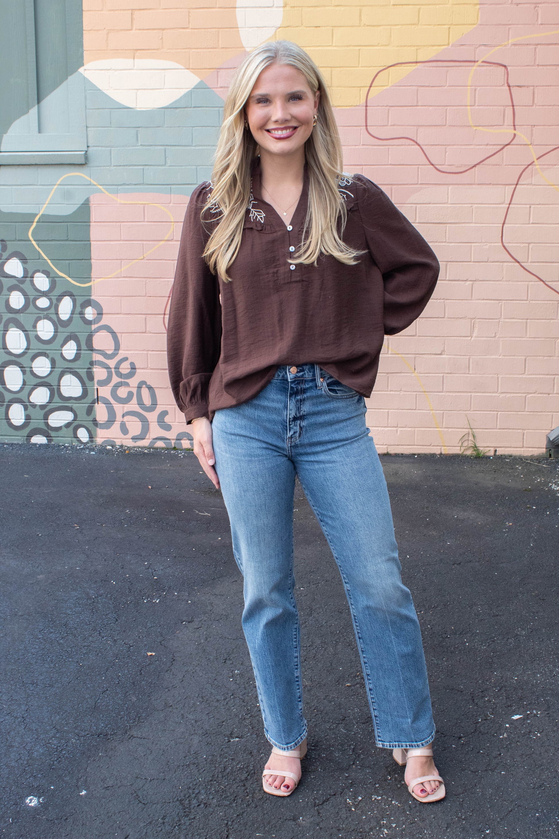  Mary Floral Embroidered Ruffle Neck Top, Brown