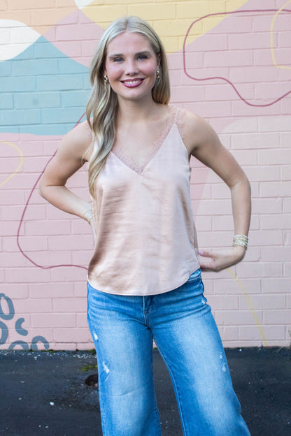  Averie Lace Trim Satin Cami, Almond