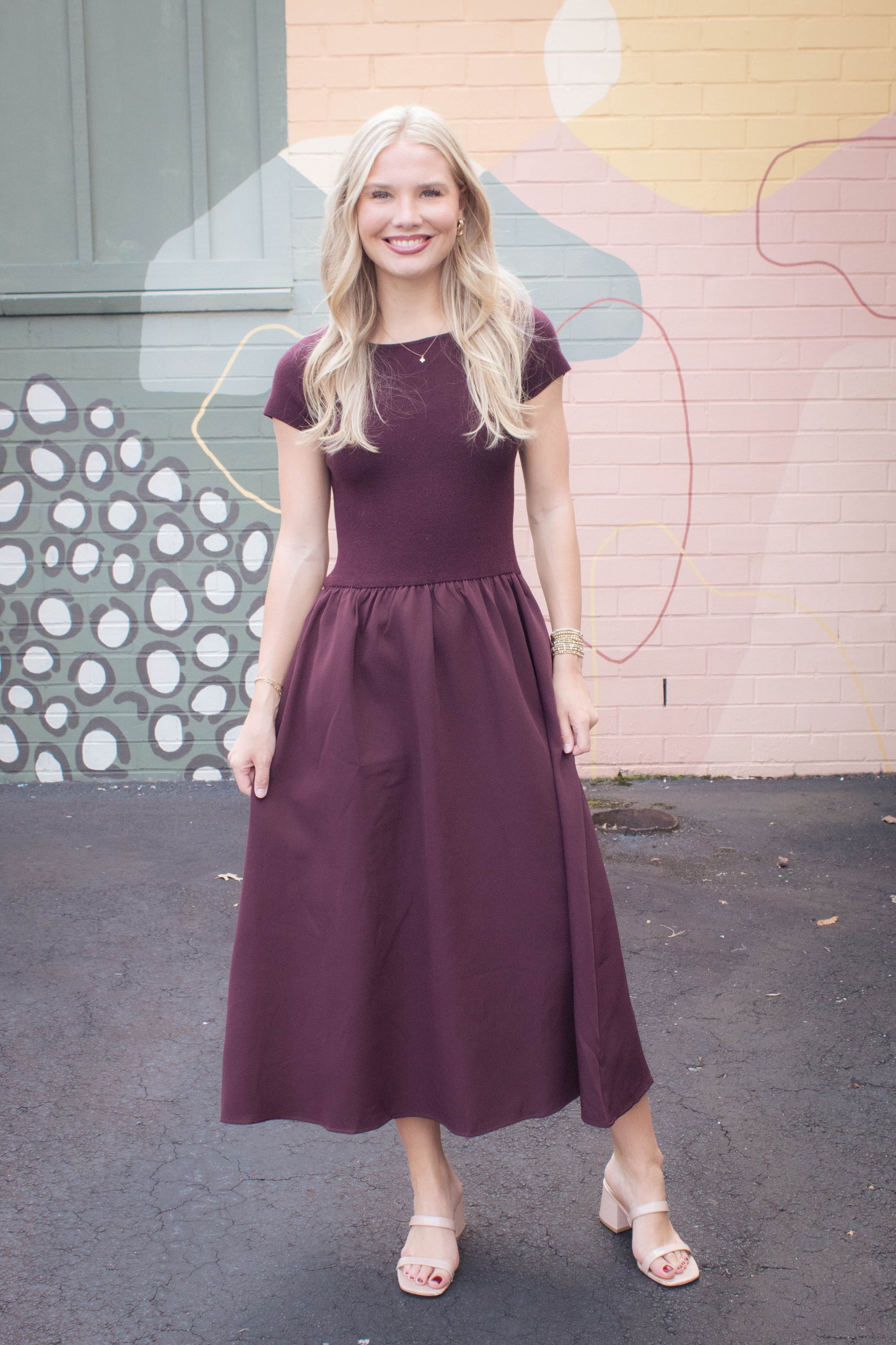  Lillian Woven Knit Mix Dress, Maroon