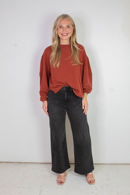  Leah Patch Pocket Wide Leg Jeans, Washed Black