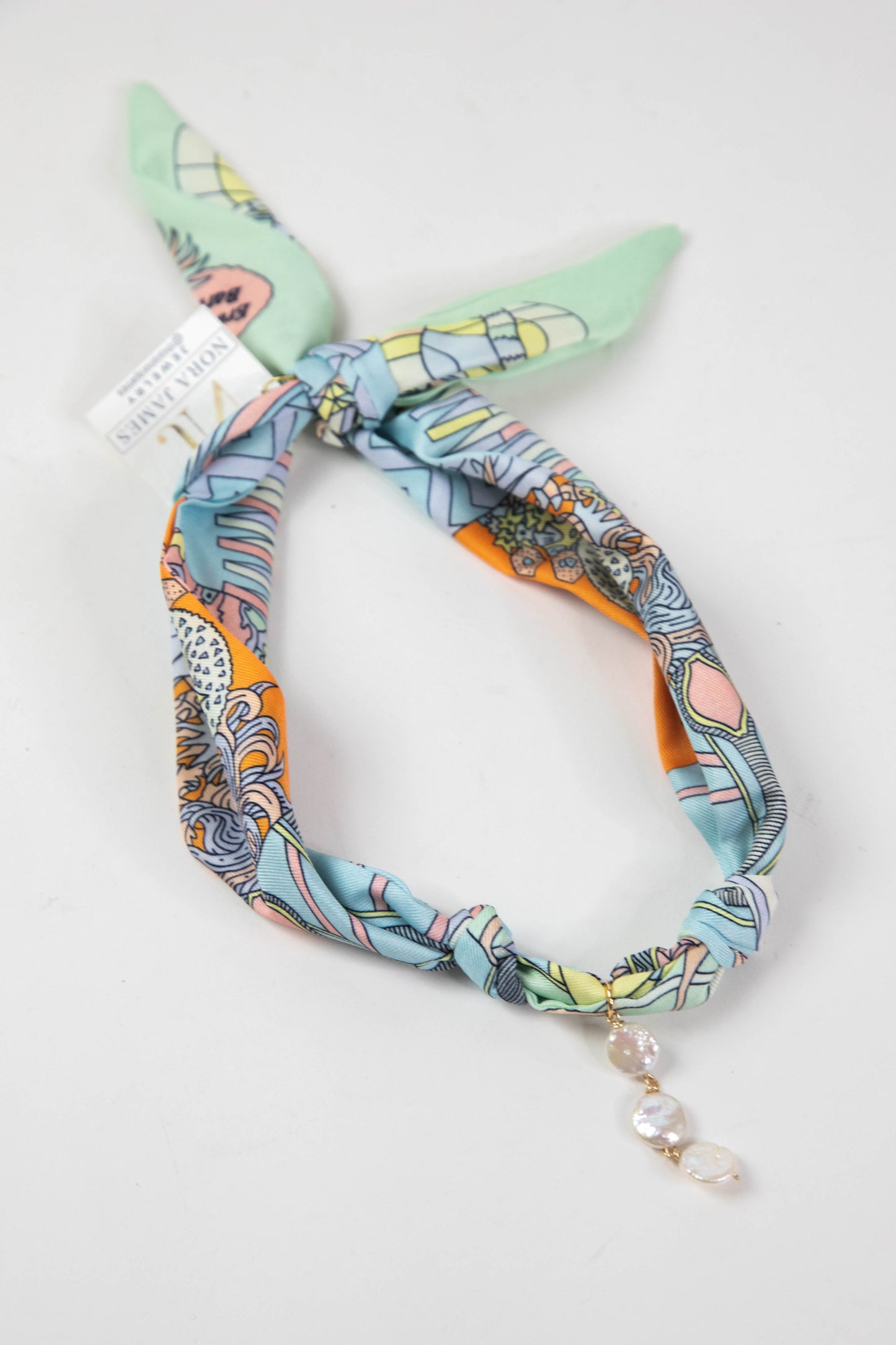  Seaglass Vertical Pearl Scarf Necklace, Blue/Mint | Nora James Jewelry