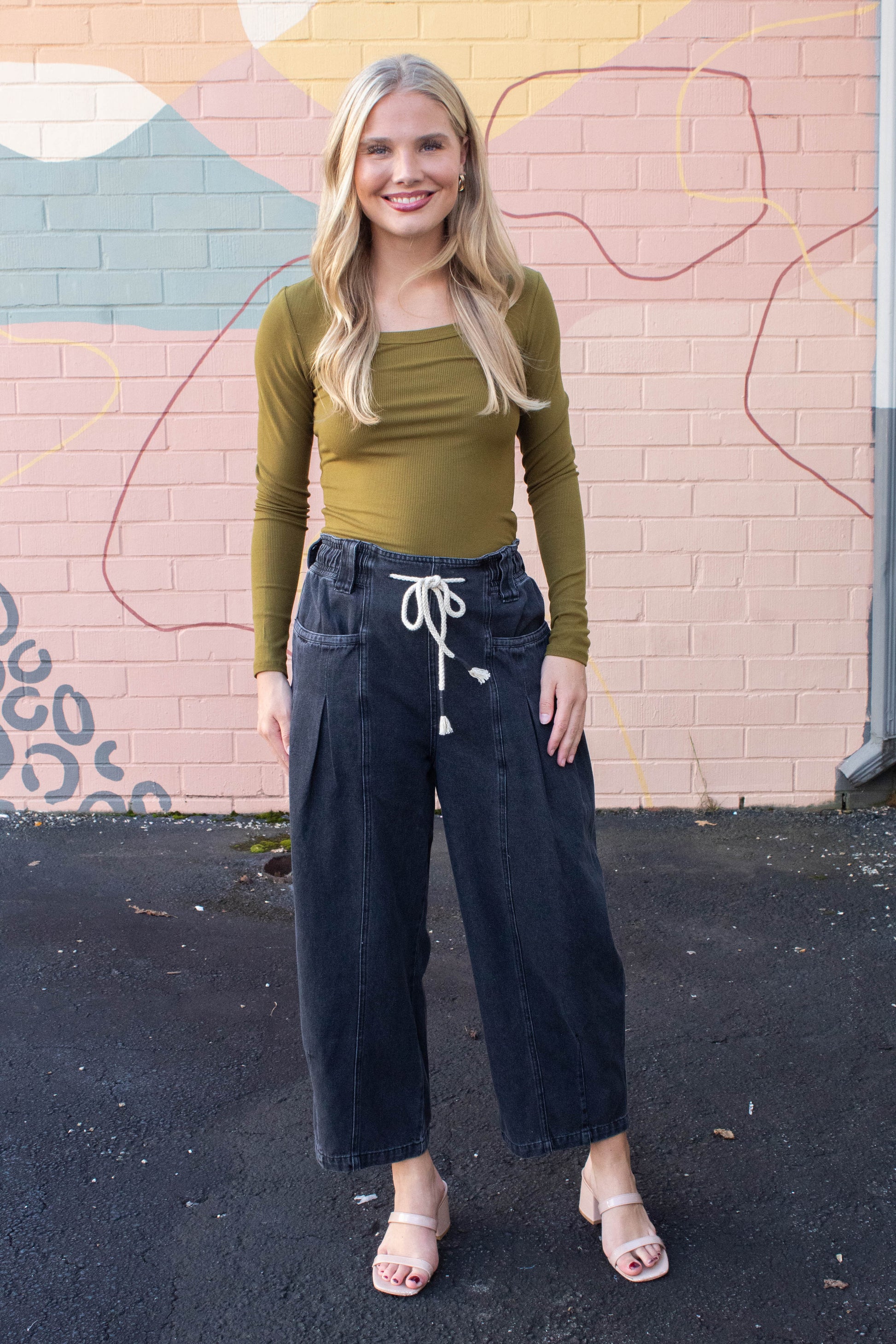  Raya Drawstring Barrel Leg Pants, Black Denim