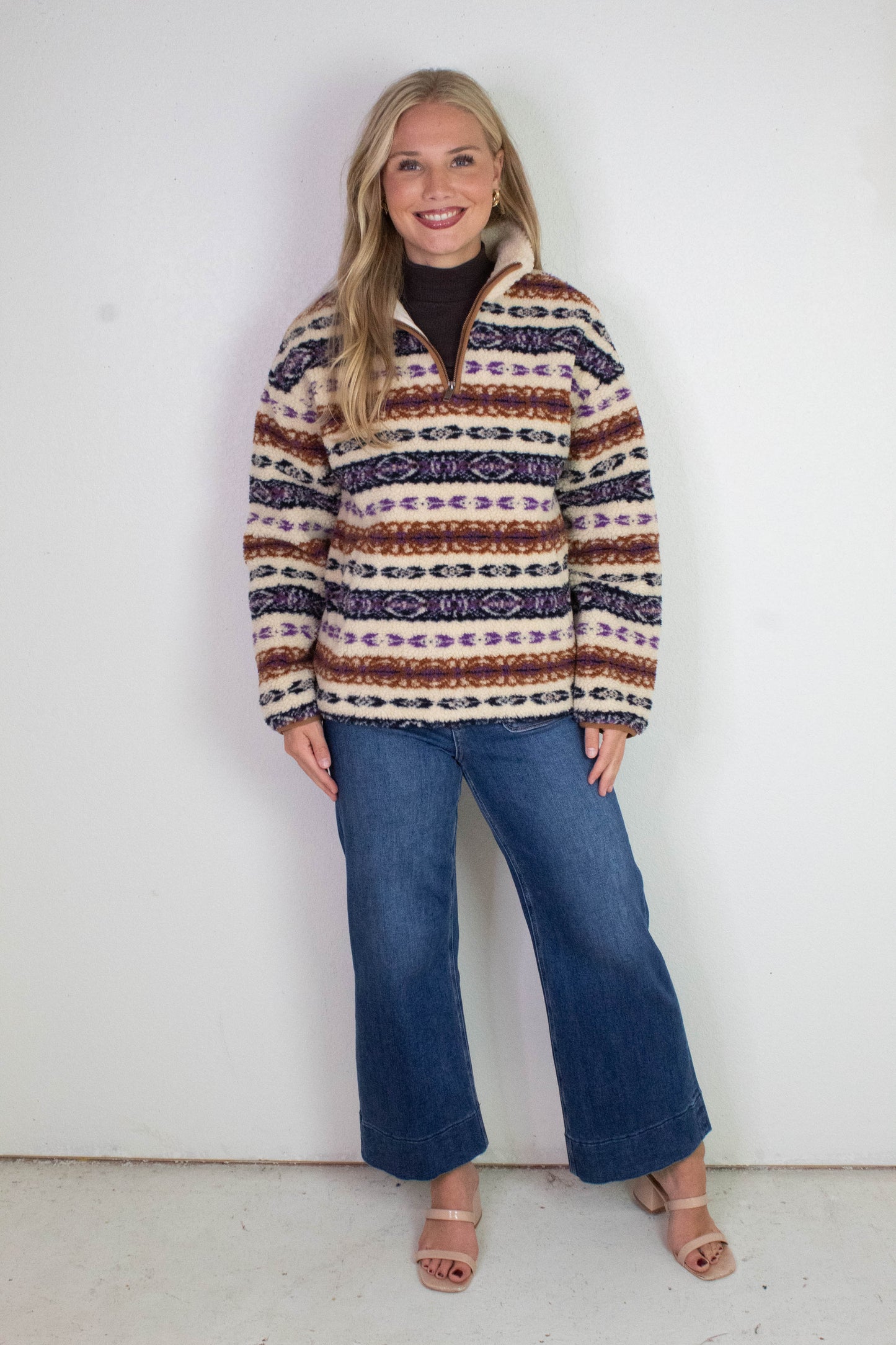  Alpine Sherpa Half Zip Striped Jacket, Tobacco | RD Style