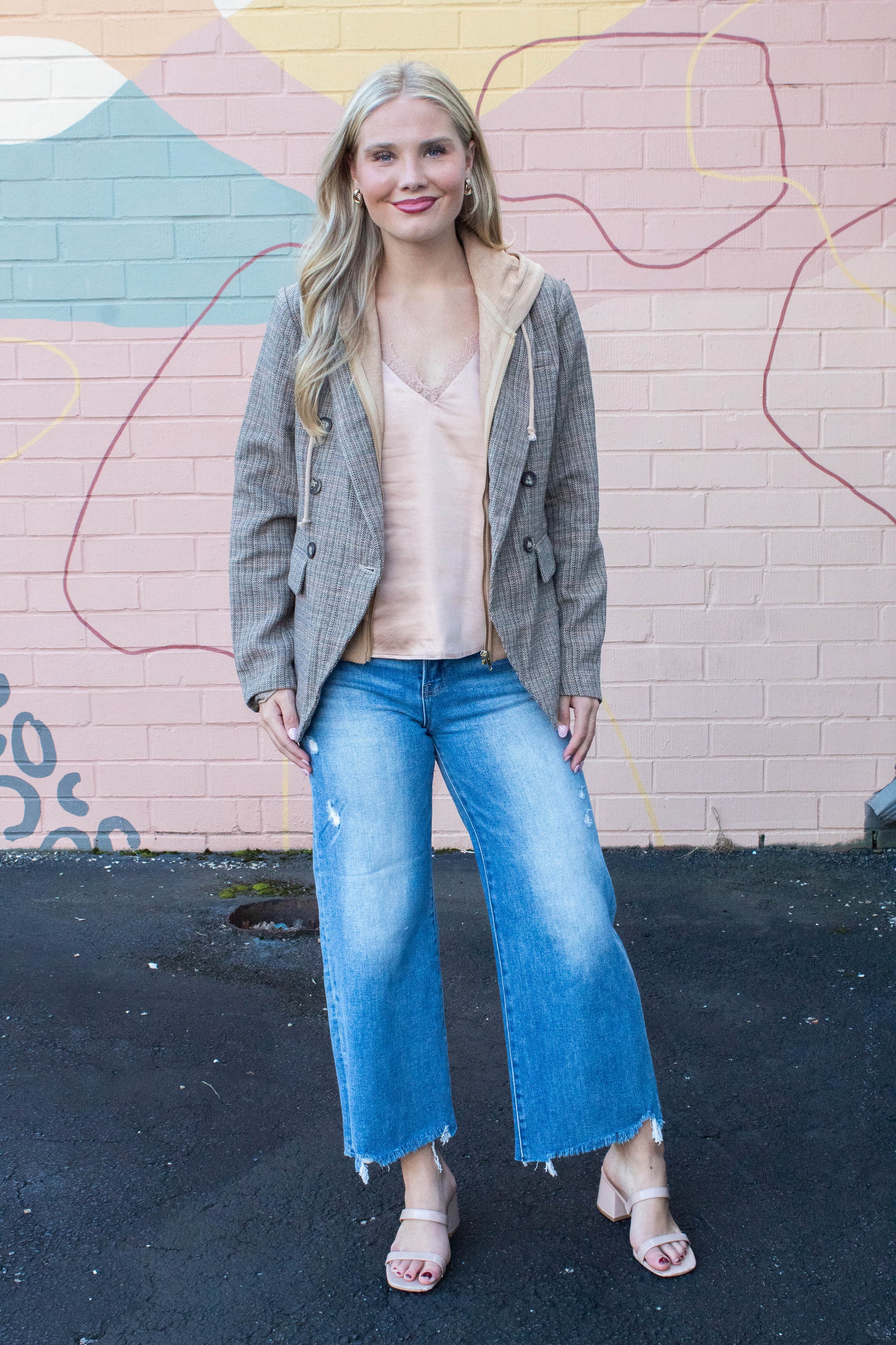  Jovie Herringbone Pattern Hooded Blazer, Tan Combo