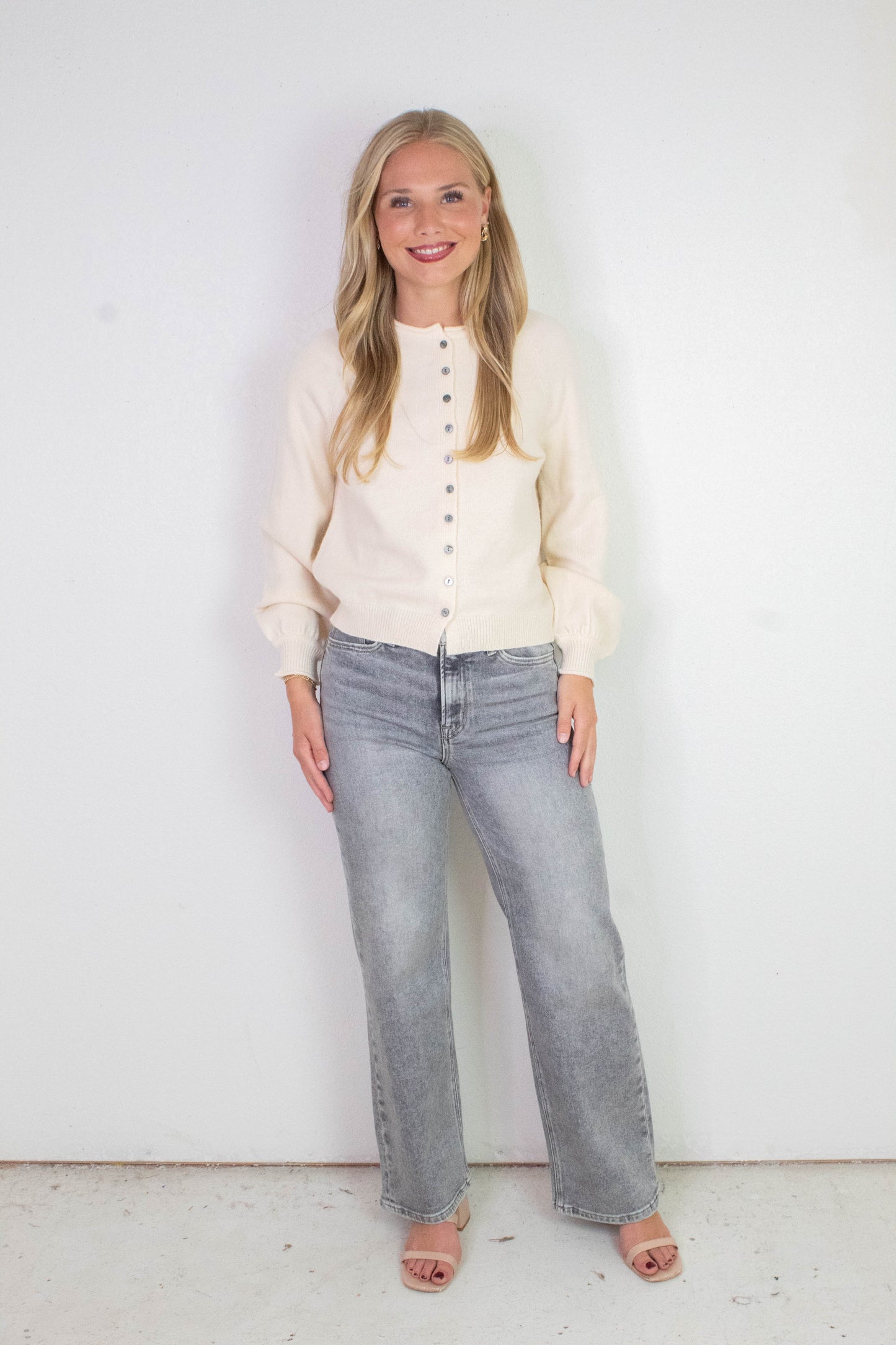  Juliette Rolled Edge Balloon Sleeve Cardigan, Cream