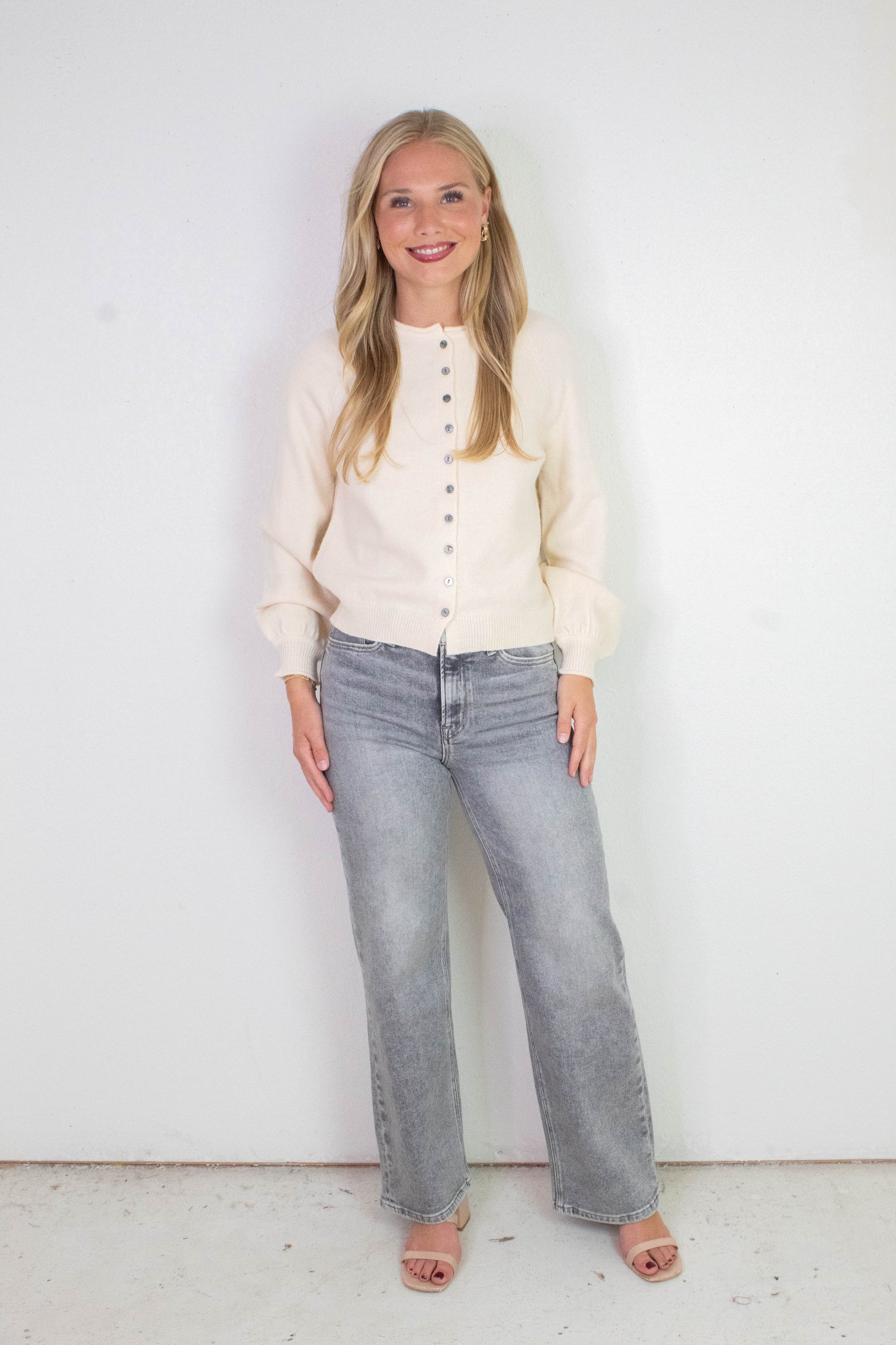  Juliette Rolled Edge Balloon Sleeve Cardigan, Cream